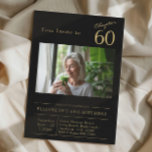 Invitación Sixty Black Gold 60th Birthday Party Photo<br><div class="desc">¡Haz especial tu cumpleaños número 60 con esta magnífica invitación en negro y oro de Zazzle! Nuestro fiesta personalizado negro invita a presentar una hermosa letra de guión con acentos dorados audaces para un toque de lujo. Personalizar fácilmente los detalles de tu evento en la tarjeta y agrega tu foto...</div>