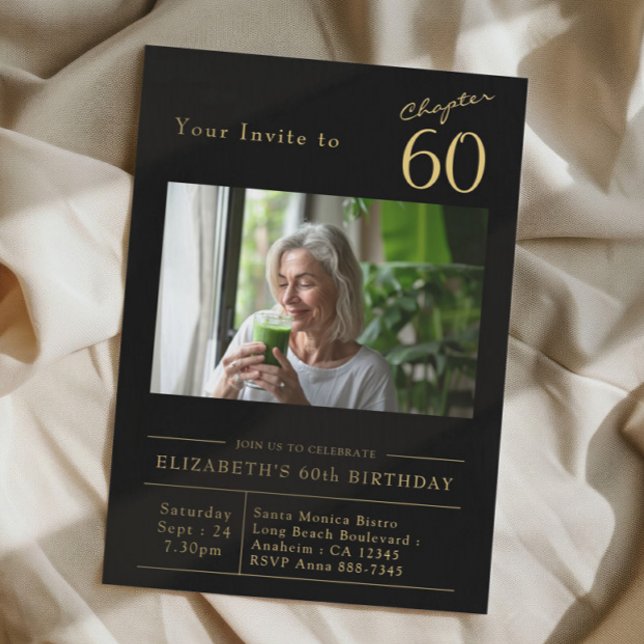 Invitación Sixty Black Gold 60th Birthday Party Photo (Black and gold 60th birthday party invitation on a cloth background)