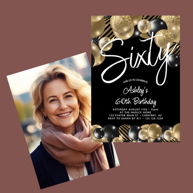 Invitación Sixty Black Gold 60th Photo Birthday (Subido por el creador)