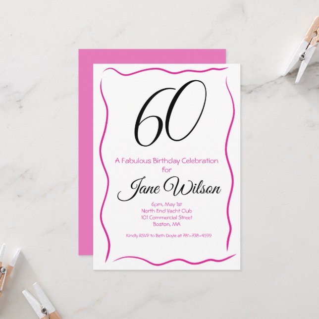Invitación  Sixty & Fabulous Invitation Chic Pink & Black (Anverso/Reverso In Situ)