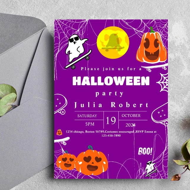 Invitación skateboard fantasma Halloween calabaza púrpura (Subido por el creador)