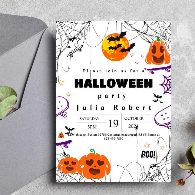 Invitación skateboard fantasma Halloween calabaza púrpura (Subido por el creador)