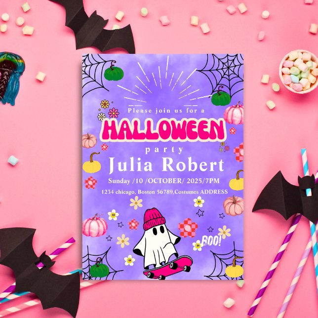 Invitación skateboard fantasma Halloween calabaza púrpura (Subido por el creador)