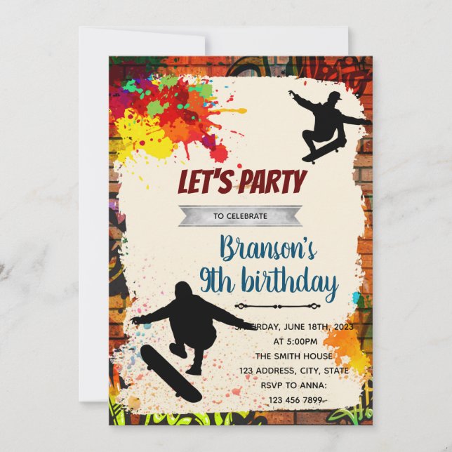 Invitación Skateboarding graffiti birthday party invitation (Anverso)