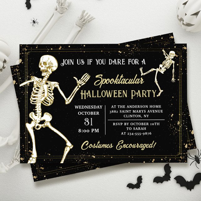 Invitación Skeleton bailarín Black Gold Halloween Party (Subido por el creador)