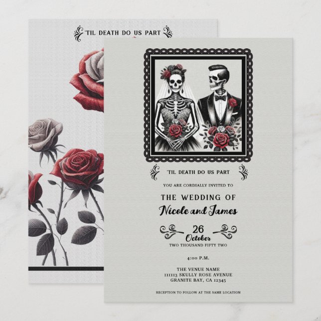 Invitación Skeleton Bride y Groom Pareja Boda Floral Gris (Anverso / Reverso)