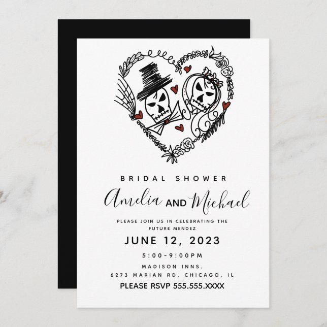 Invitación Skeleton Couple Doodle Ilustracion Bridal Shower (Anverso / Reverso)