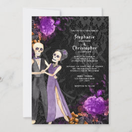 Invitación Skeleton gótico Boda de Halloween morado con flore