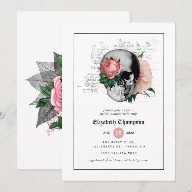 Invitación Skeleton gótico floral rosa ducha de novias (Anverso / Reverso)
