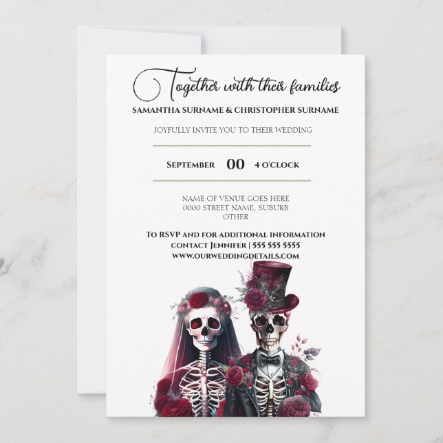 Invitación Skeleton gótico muerte novia novio burgundy blanco (Anverso)