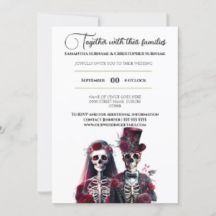 Invitación Skeleton gótico muerte novia novio burgundy blanco
