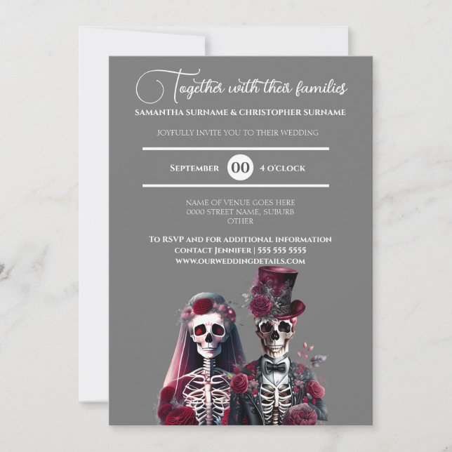 Invitación Skeleton gótico muerte novia novio burgundy gris (Anverso)