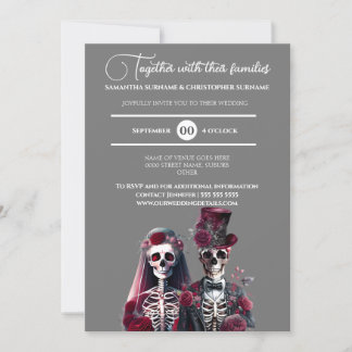 Invitación Skeleton gótico muerte novia novio burgundy gris