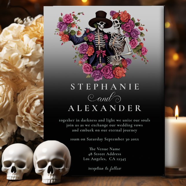 Invitación Skeleton gótico Pareja Boda de Flor Negra (Subido por el creador)