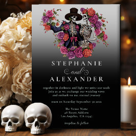 Invitación Skeleton gótico Pareja Boda de Flor Negra