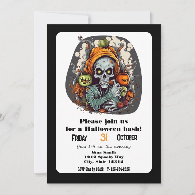 Invitación Skeleton Grim Reaper Halloween Bash Fiesta (Anverso)