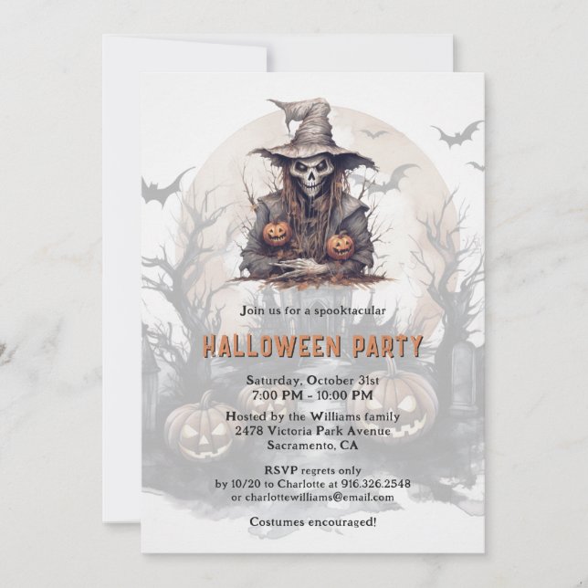 Invitación Skeleton Jack-O-Lanterns fiesta de la luna en Hall (Anverso)