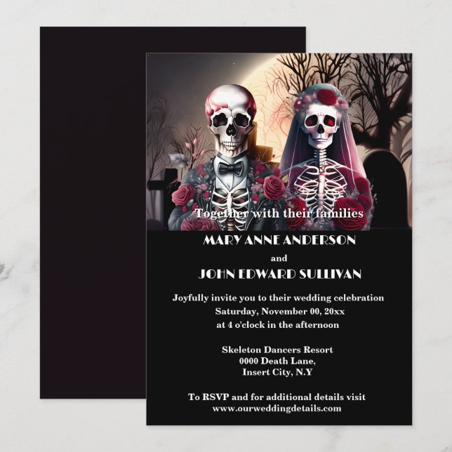Invitación Skeleton pareja burgundy plum negro gótico (Anverso / Reverso)