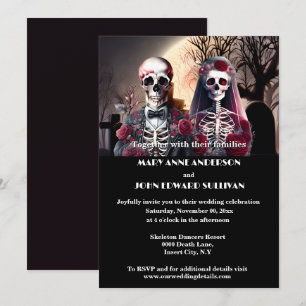Invitación Skeleton pareja burgundy plum negro gótico
