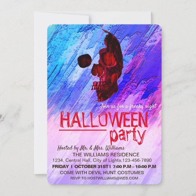 Invitación Skeleton Pintado púrpura Halloween Watercolor Art (Anverso)
