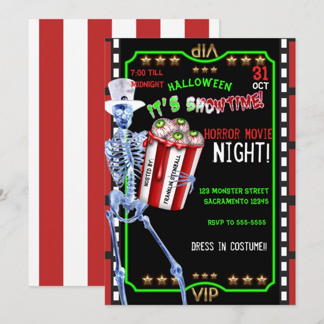 Invitación Skeleton Popcorn Eyeballs Noche de películas Hallo (Anverso / Reverso)