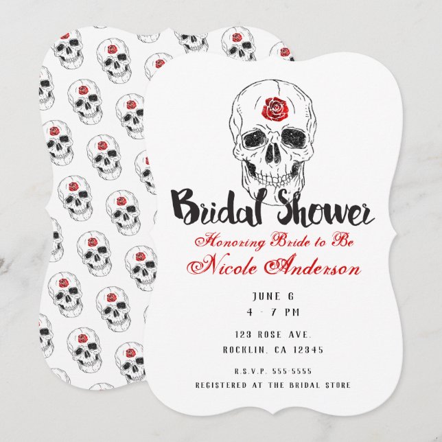 Invitación Skeleton Skull Bones Black Red Rose Brige Shower (Anverso / Reverso)