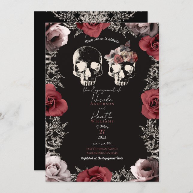 Invitación Skeleton Skull Mauve Dusty Rosa Compromiso gótico (Anverso / Reverso)