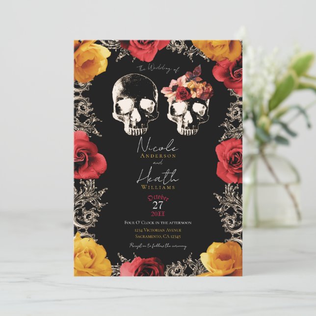 Invitación Skeleton Skull Red Yellow Fall Boda Floral (Anverso de pie)