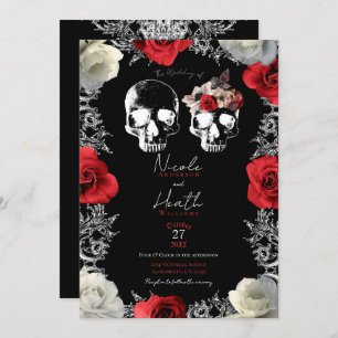 Invitación Skeleton Skull Roses rojas blancas Boda gótico