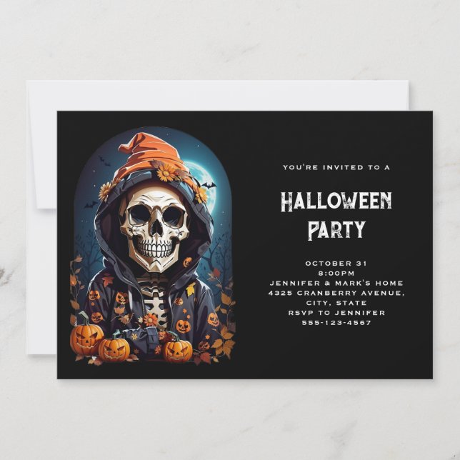 Invitación Skeleton y calabazas otoñales Halloween (Anverso)