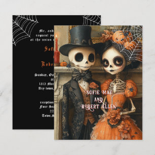 Invitación Skeletons Black Spiders Boda de Halloween