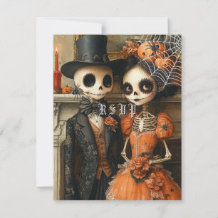 Invitación Skeletons Black Spiders Halloween Wedding RSVP