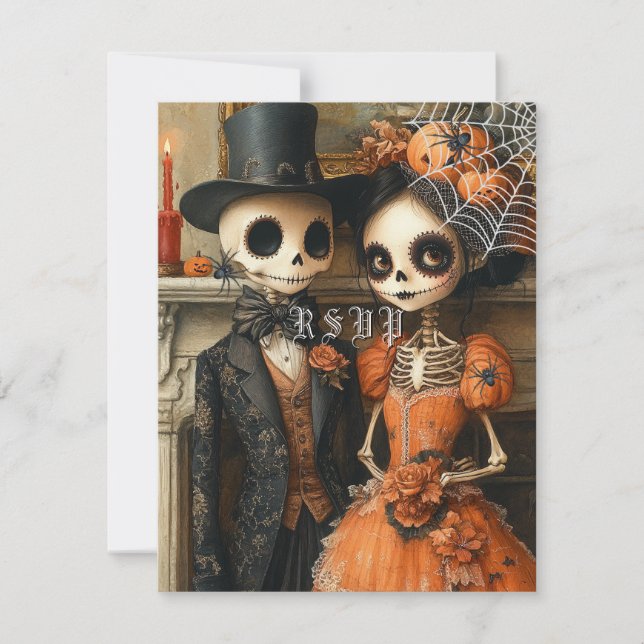 Invitación Skeletons Black Spiders Halloween Wedding RSVP (Anverso)