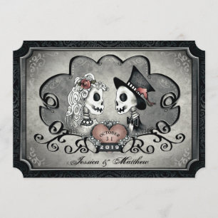 Invitación Skeletons Gris Boda del Corazón Blanco Negro