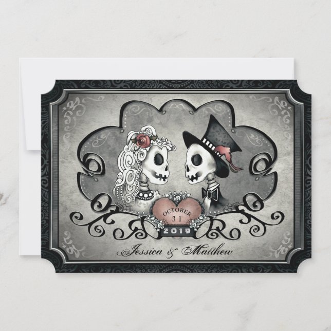 Invitación Skeletons Gris Boda del Corazón Negro "Junto con" (Anverso)