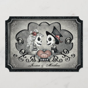 Invitación Skeletons Gris Boda del Corazón Negro "Junto con"