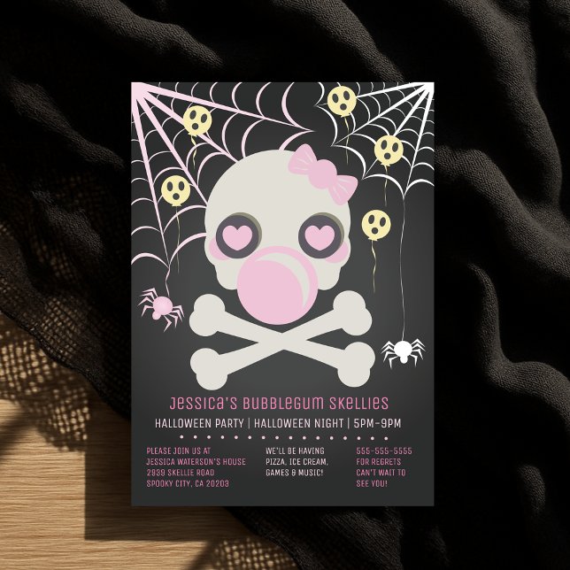 Invitación Skellis Bubblegum rosado Fiesta del esqueleto de H (Pink Bubblegum Skellies Halloween Skeleton Party)