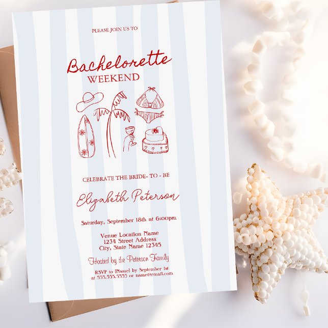 Invitación Sketch Rojo Bachelorette Weekend Bandas Azules (Subido por el creador)