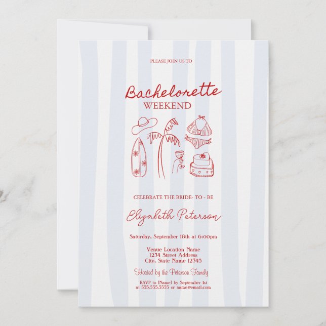 Invitación Sketch Rojo Bachelorette Weekend Bandas Azules (Anverso)