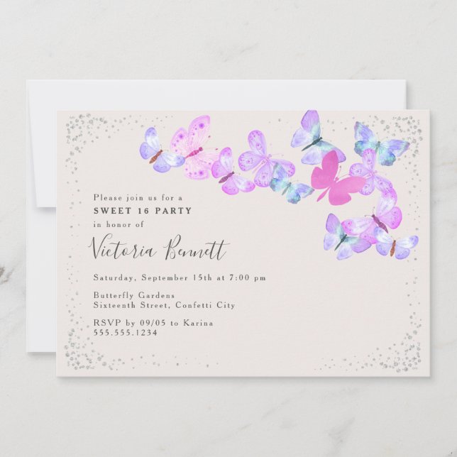 Invitación Skies de mariposa Plata rosa Confetti dulce 16 (Anverso)