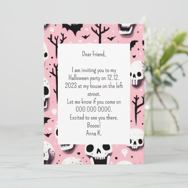 Invitación Skul Halloween rosa (Anverso de pie)