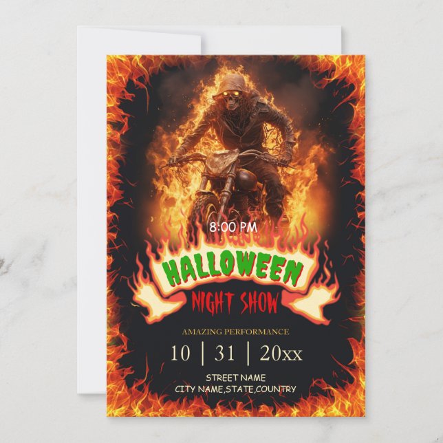 Invitación Skull Biker from Hell Halloween Flames (Anverso)