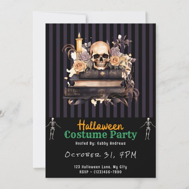 Invitación Skull Books Rosas de oro y gris Halloween negro (Anverso)