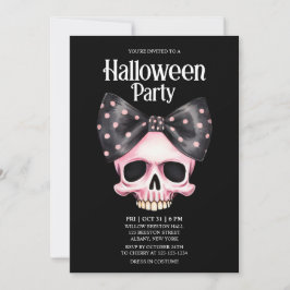 Invitación Skull Dots Black Bow Pink Horror Halloween Party