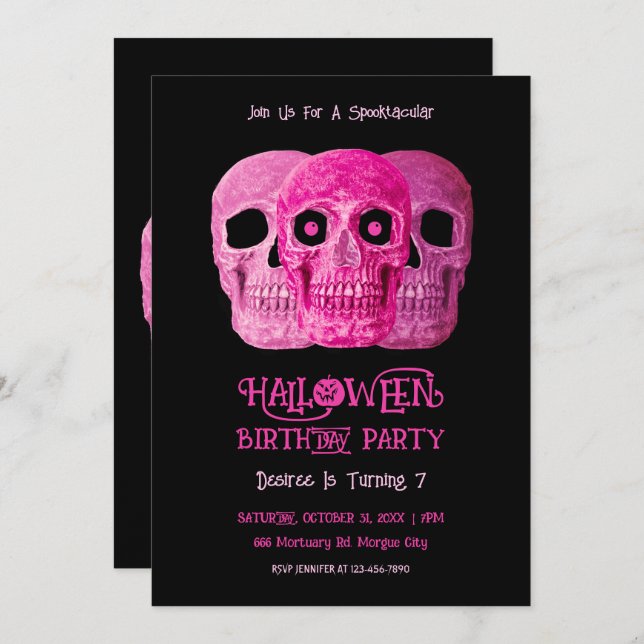 Invitación Skull Funny Gótica Girly Pink Halloween Cumpleaños (Anverso / Reverso)