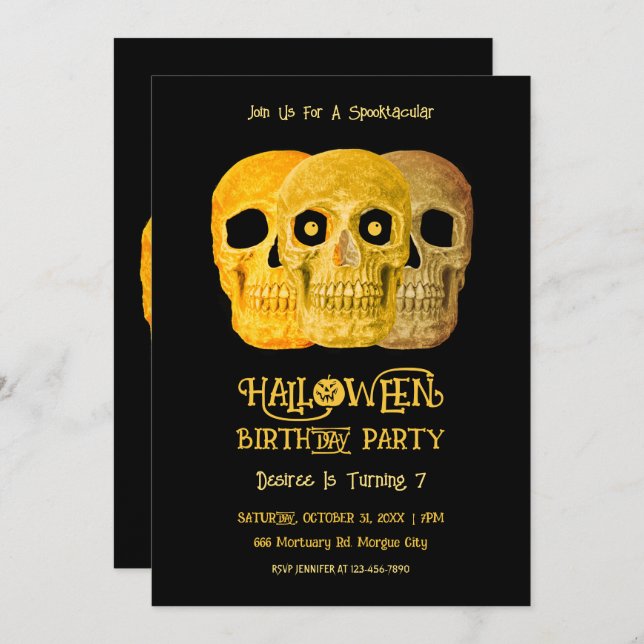 Invitación Skull Funny Gótico Amarillo Negro Halloween Cumple (Anverso / Reverso)