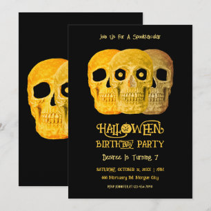 Invitación Skull Funny Gótico Amarillo Negro Halloween Cumple