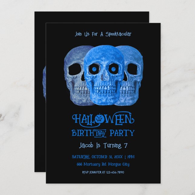 Invitación Skull Funny Gótico Azul Negro Halloween Cumpleaños (Anverso / Reverso)