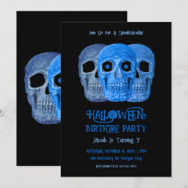 Invitación Skull Funny Gótico Azul Negro Halloween Cumpleaños