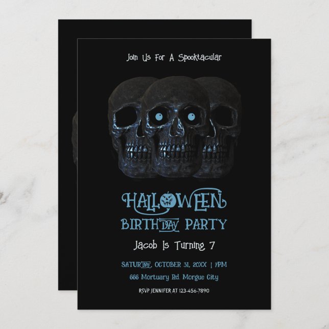 Invitación Skull Funny Gótico Black Halloween Cumpleaños (Anverso / Reverso)